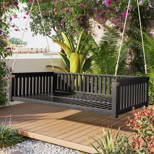 Acacia Wood Porch Swing with Hemp Rope, Twin Size