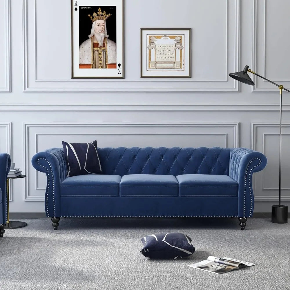 3 Piece Living Room Set- Velvet Chesterfield Sofa Loveseat  Chair