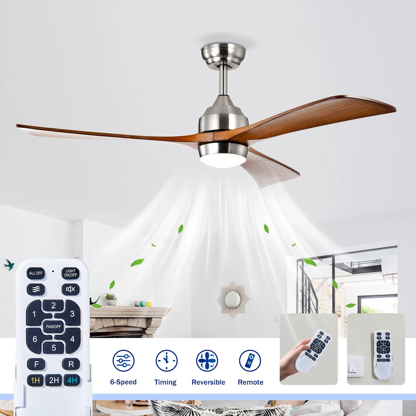 Solid Wood Blades Ceiling Fan with Light Remote Control