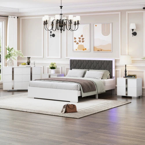 4-Piece Bedroom Sets Queen Size Upholstered Bed with LED Lights