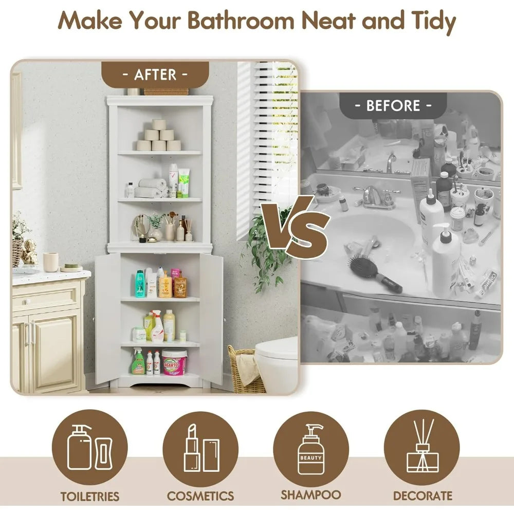 Corner Cabinet, Freestanding Corner Shelf with 2 Doors and 3 Shelves