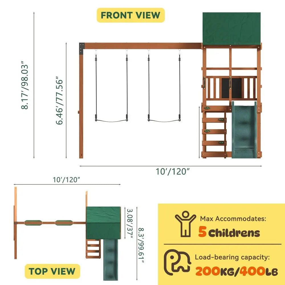 Outdoor Playset Sets with Wave Slide, Play Deck, Rock Wall Ladder