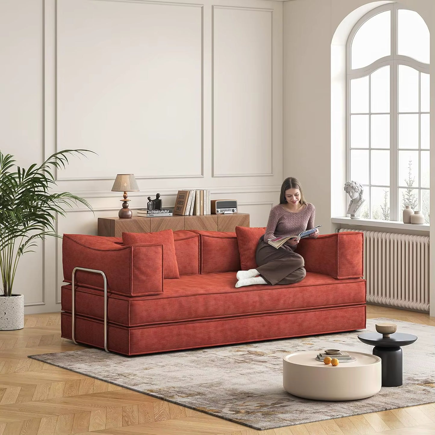 Convertible Sofa Bed with Pillows, Corduroy with Fixed-Shape Frame