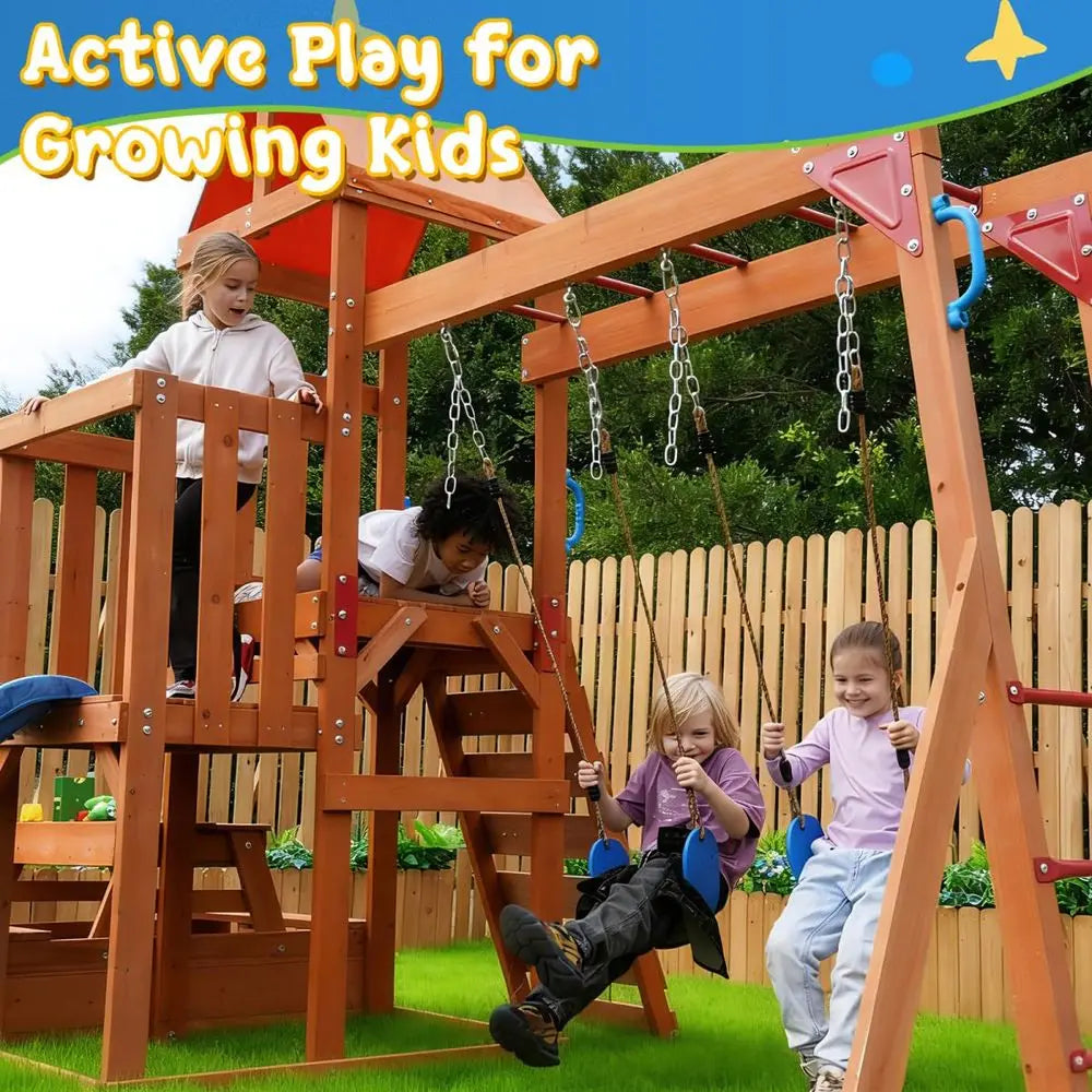 Playground Wooden Swing Sets  with 2-in-1 Outdoor Table, Wave Slide