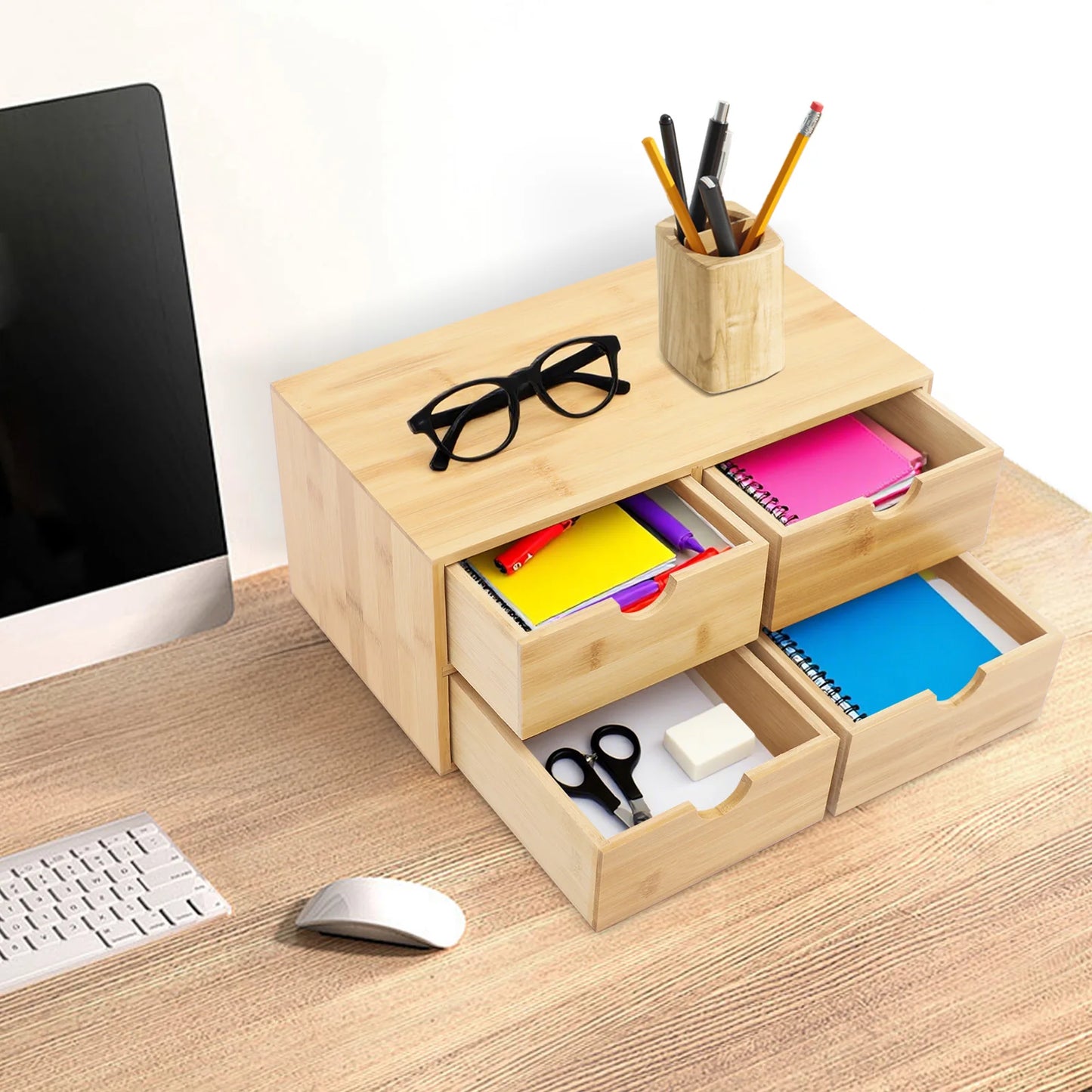 4-Drawer Desktop Organizer Bamboo Tabletop Storage Organization Box