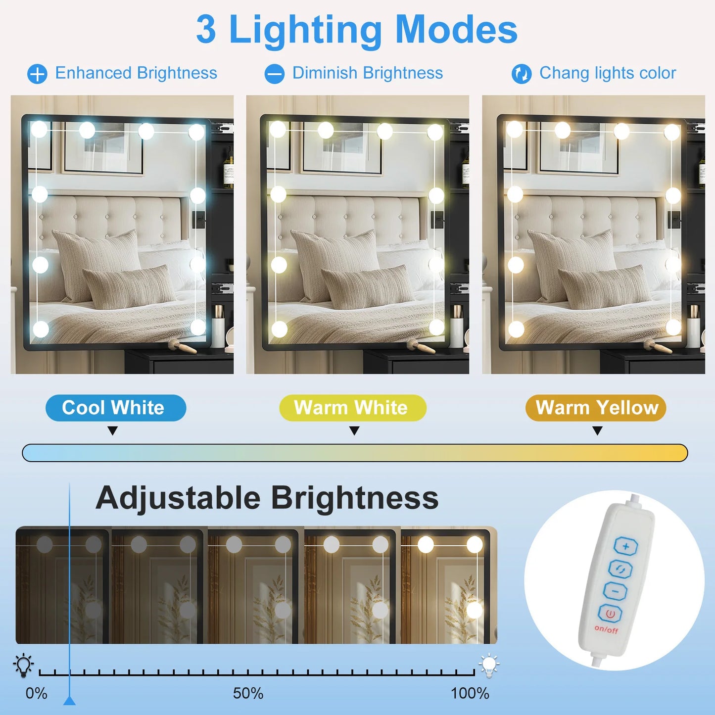 LED Vanity Set, 3 Light Modes Mirror, 4 Drawers & Stool
