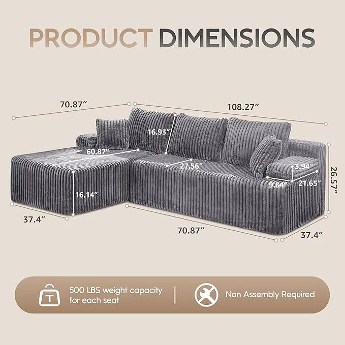 Modular L-Shaped 3-Seat Sectional | Memory Foam with Deep Seating & Storage Modules
