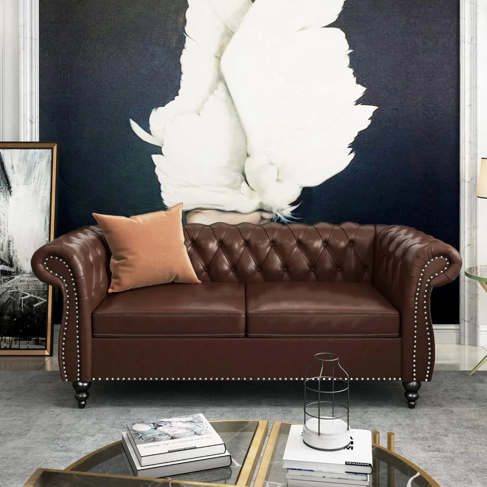 3-Piece Chesterfield Leather Sofa Set with Scroll Arms & Nailhead Trim