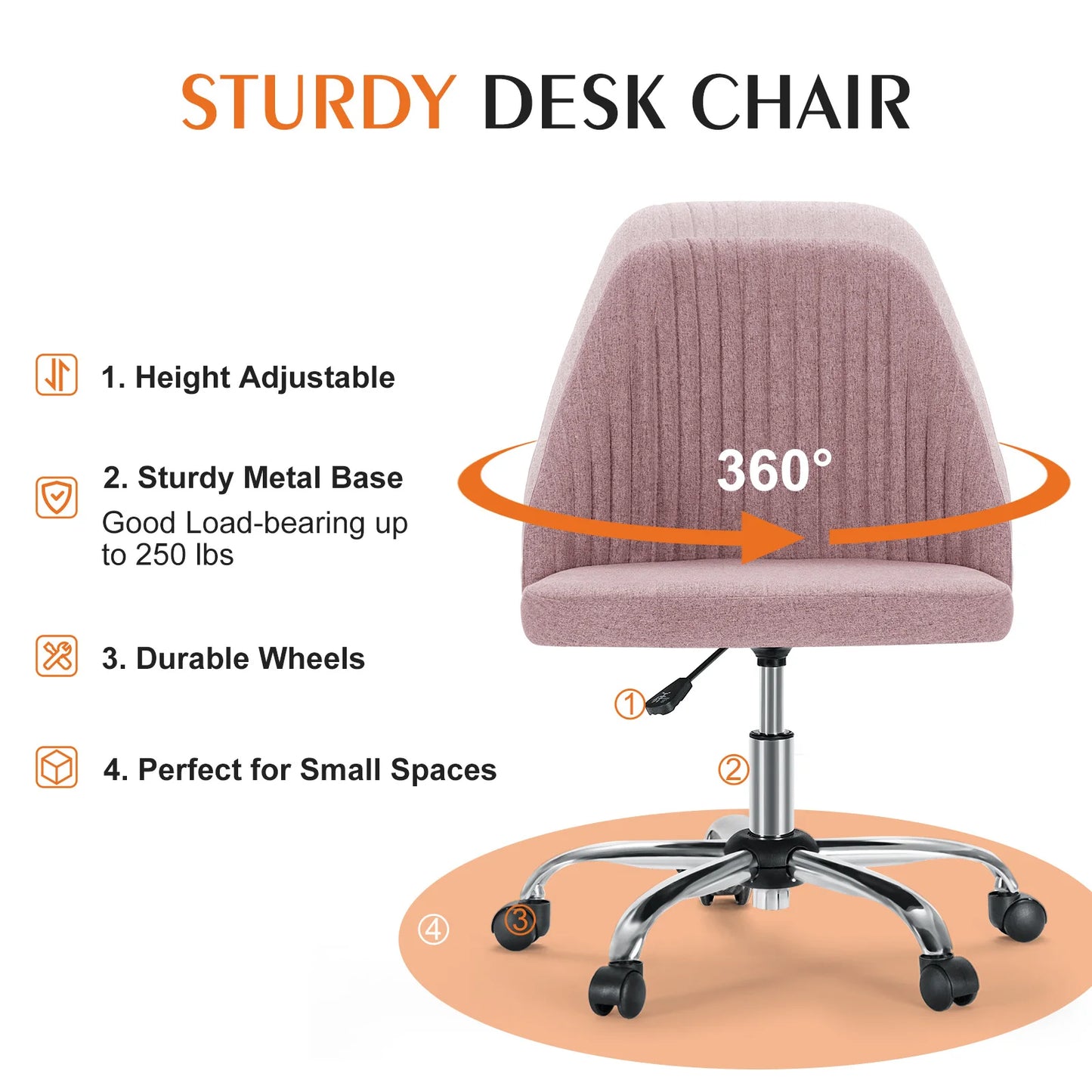 Armless Small Desk Swivel Chair with Back Modern Fabric on Wheels