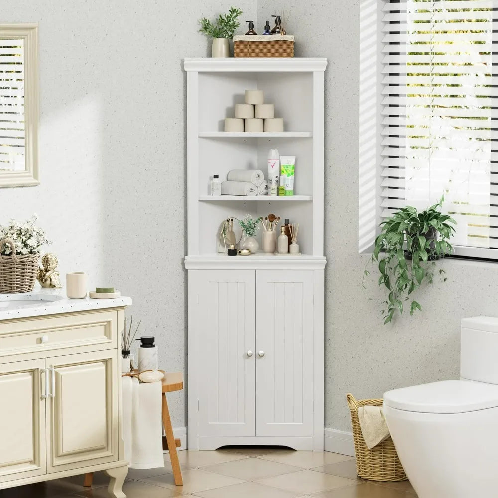 Corner Cabinet, Freestanding Corner Shelf with 2 Doors and 3 Shelves