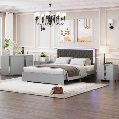 4-Piece Bedroom Sets Queen Size Upholstered Bed with LED Lights