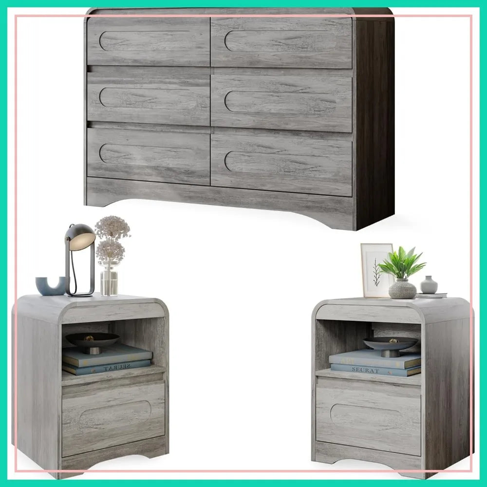 3 Pcs Bedroom Set Dresser Nightstand Wood 6 Drawer Chest