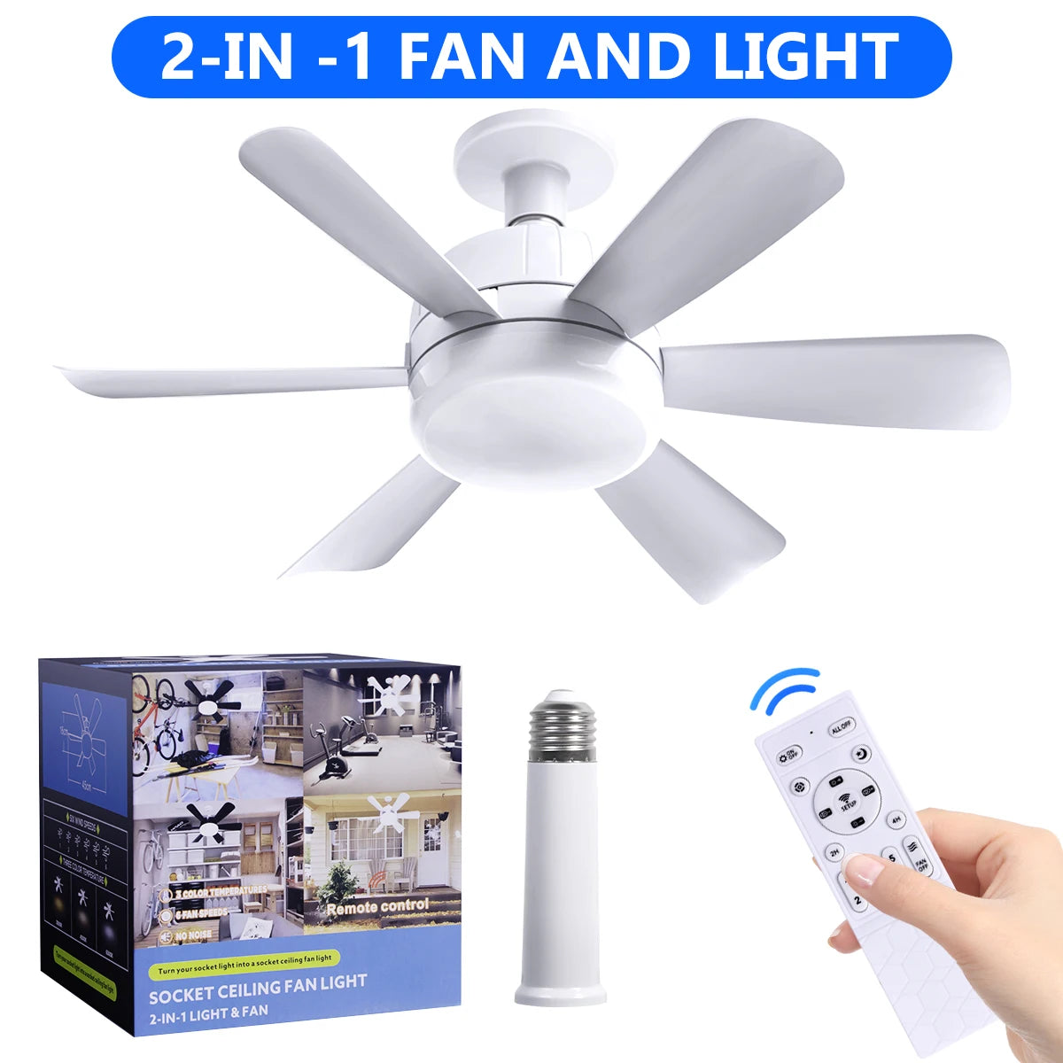 Socket LED Ceiling Fan  with Remote, Dimmable, 3 Colors, Speed Change