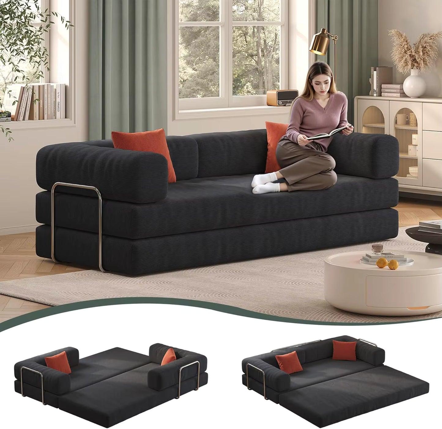 Convertible Sofa Bed with Pillows, Corduroy with Fixed-Shape Frame