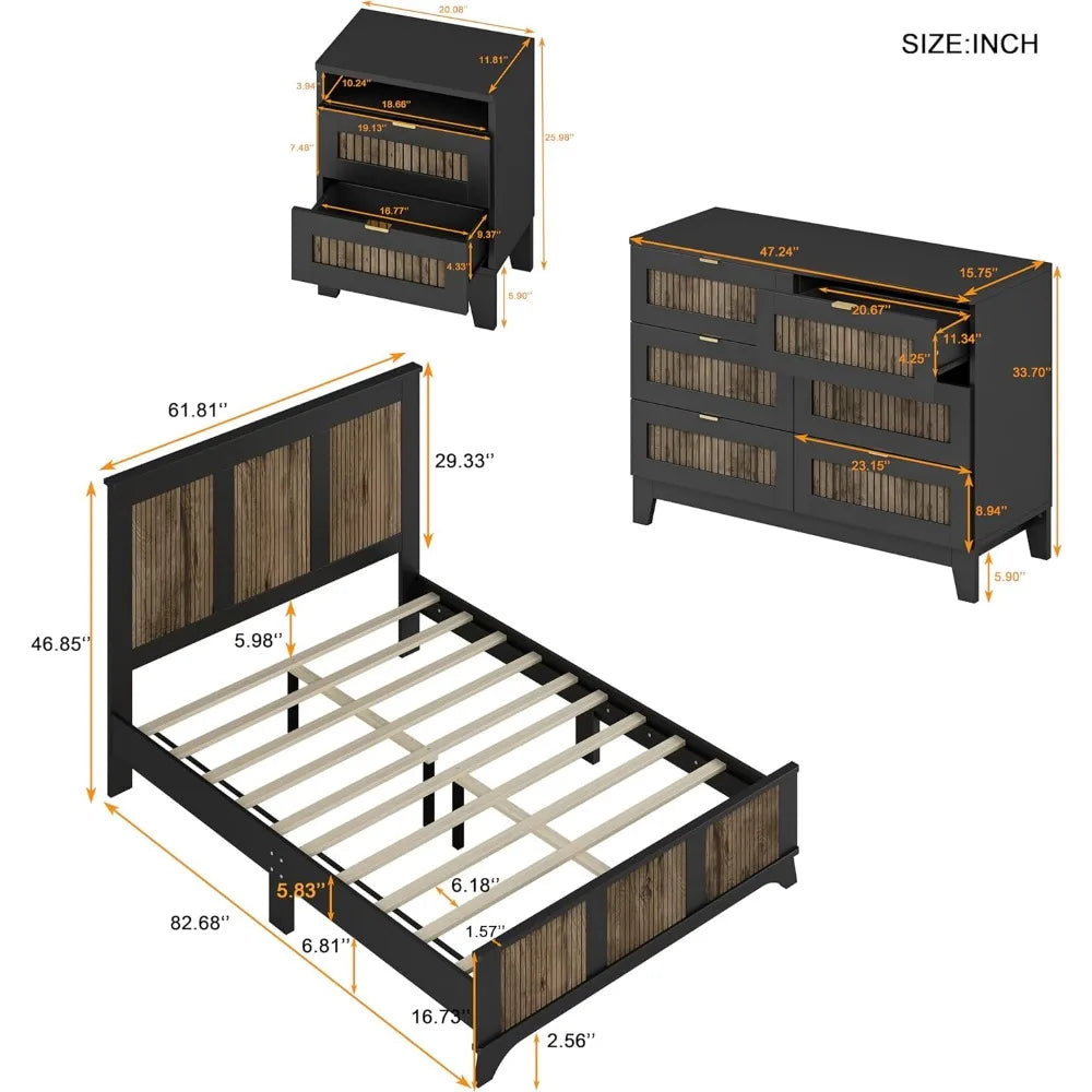 4 Piece Queen Bedroom Set,  Platform Bed with Wooden Strip Stickers