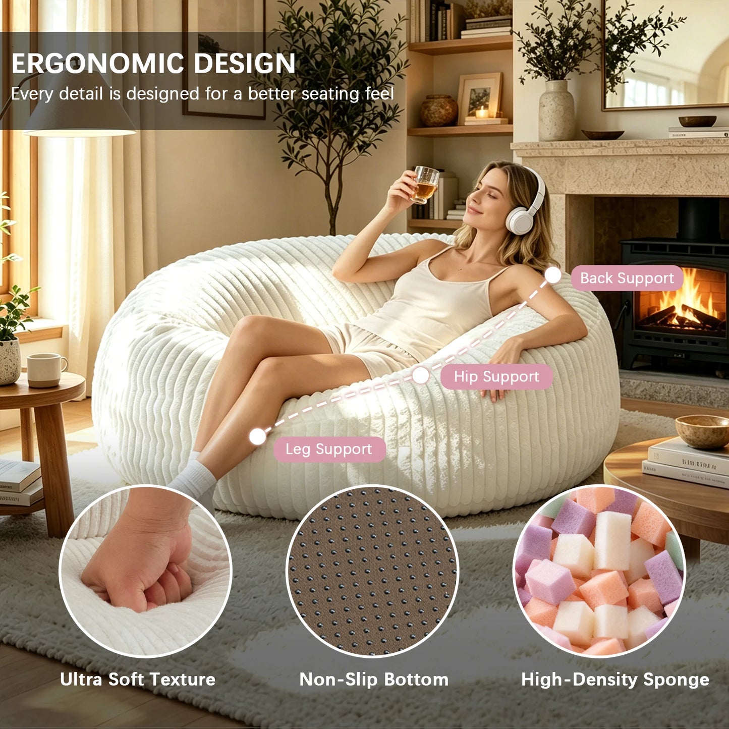 Giant Foam Bean Bag Chair,  Soft Memory Foam  with Removable Cover