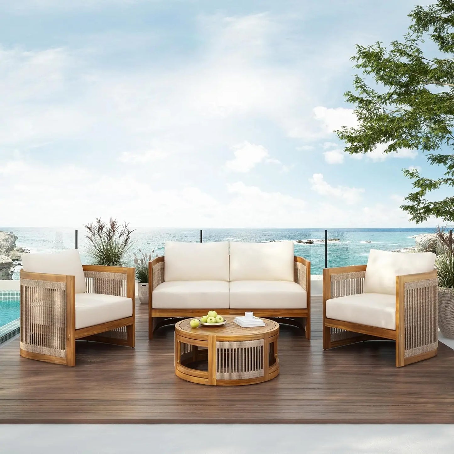 4-Piece Patio All-Weather Sectional Sofa Set w/ 2 Chairs