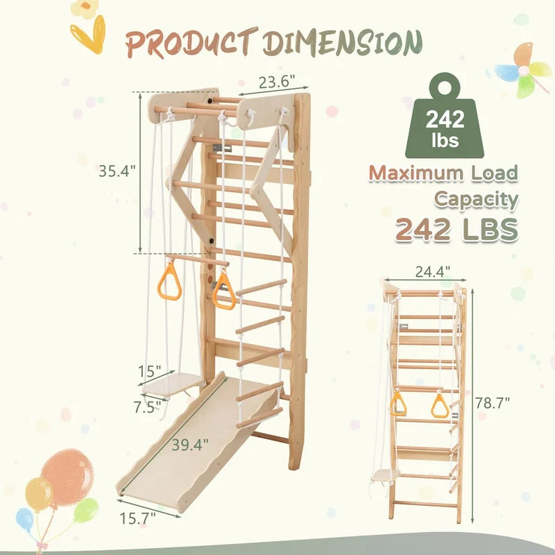 Swedish Ladder Wall Gym with Swing, Rope Ladder, Pull-Up Bar