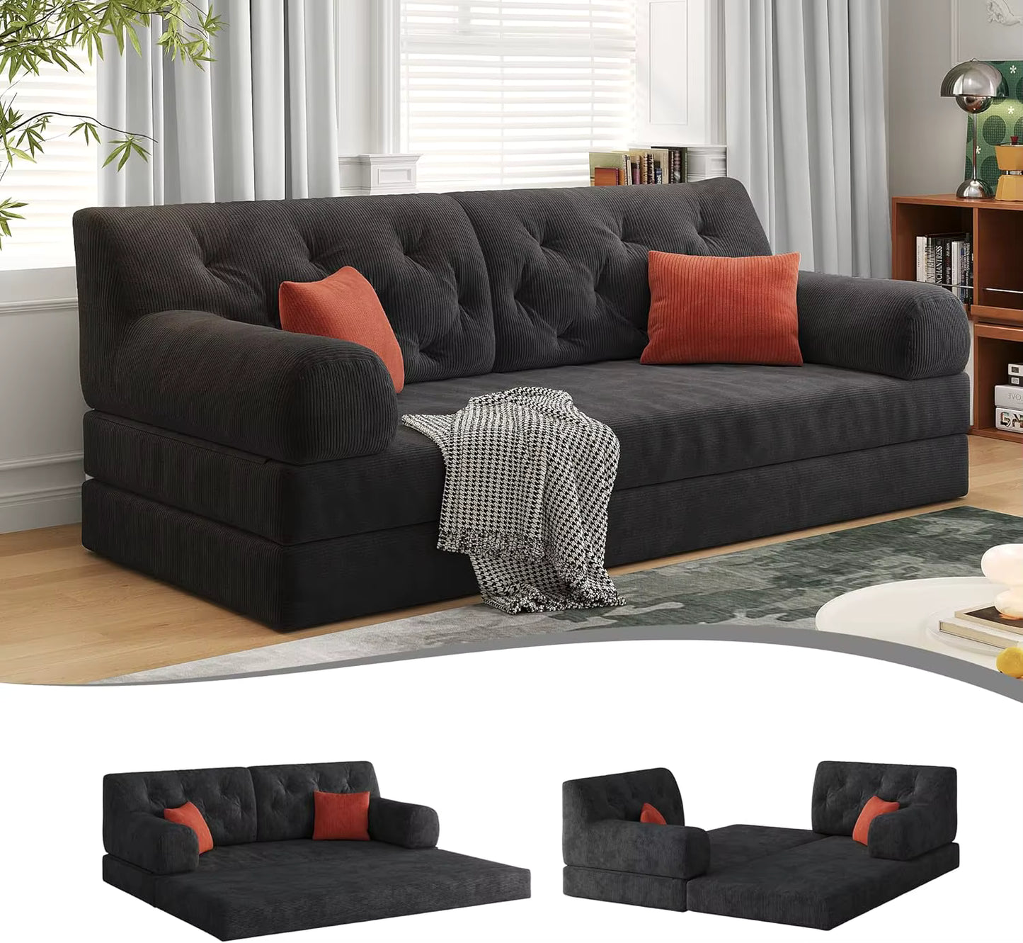 Convertible Sofa Bed with Pillows, Corduroy with Fixed-Shape Frame