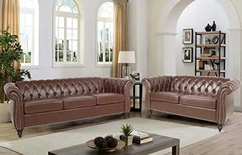 2pc Modern Tufted Sofa Set With Button & Nailhead Trim