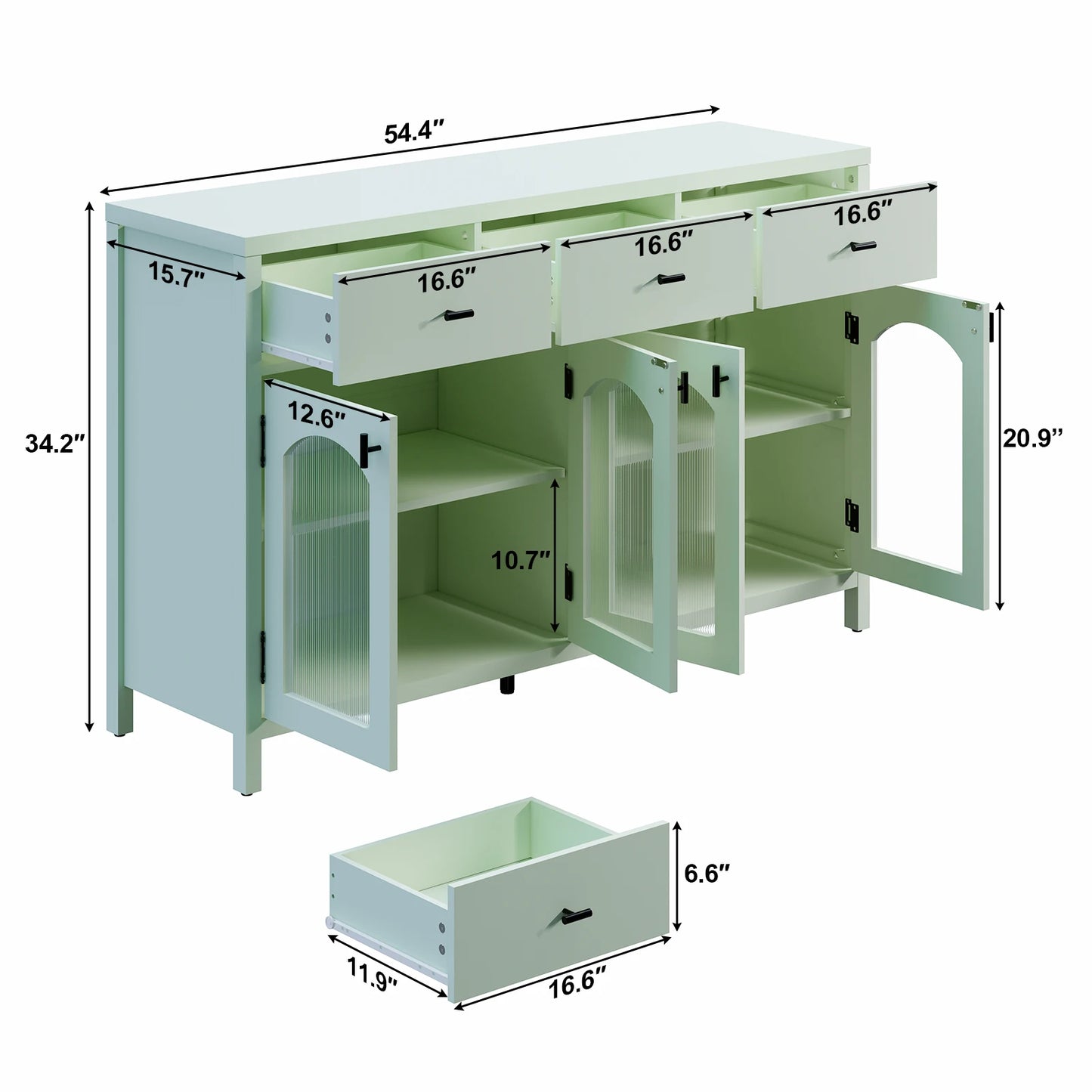Sideboard Buffet Cabinet with 3 Drawers & 4 Arched Fluted Glass Doors