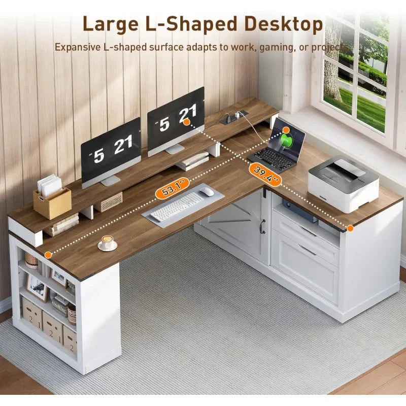 Executive Corner Computer Desk with File Cabinet, Monitor Stand, and Power