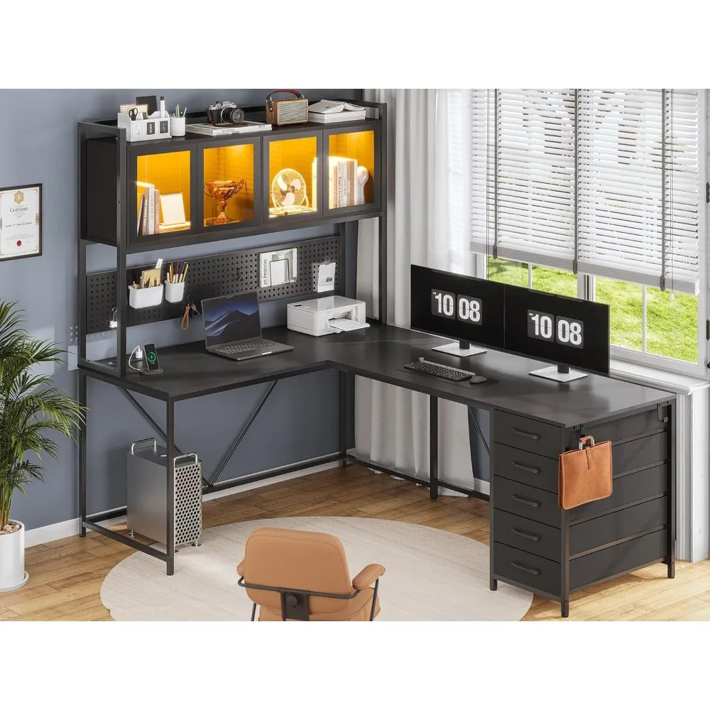 L Shaped Computer Desk with Hutch and Storage Shelves