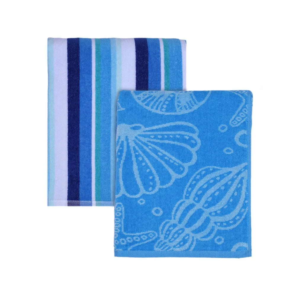 2Pcs Large Cotton Beach Towel Set Blue Seashells Striped Pattern