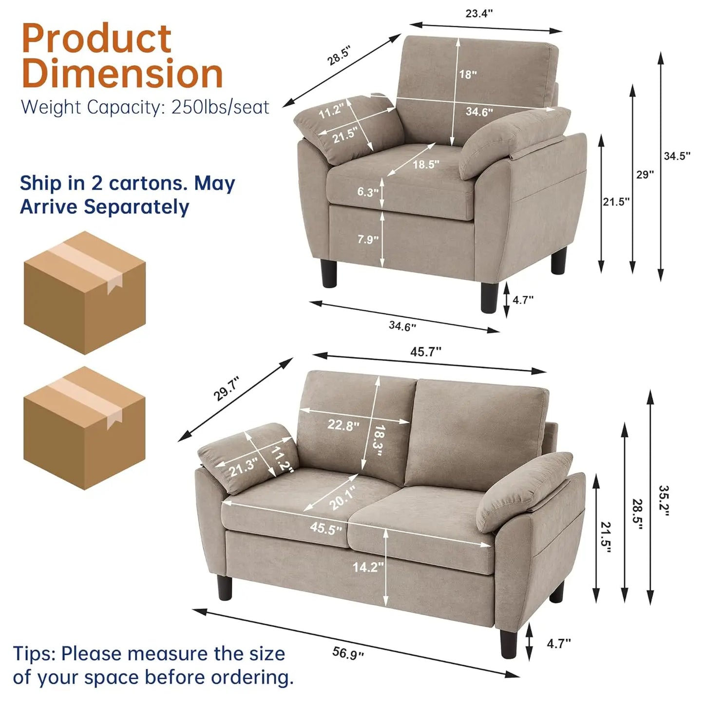 2pc Linen Sectional Loveseat & Chair Set, Upholstered Beige, Customized