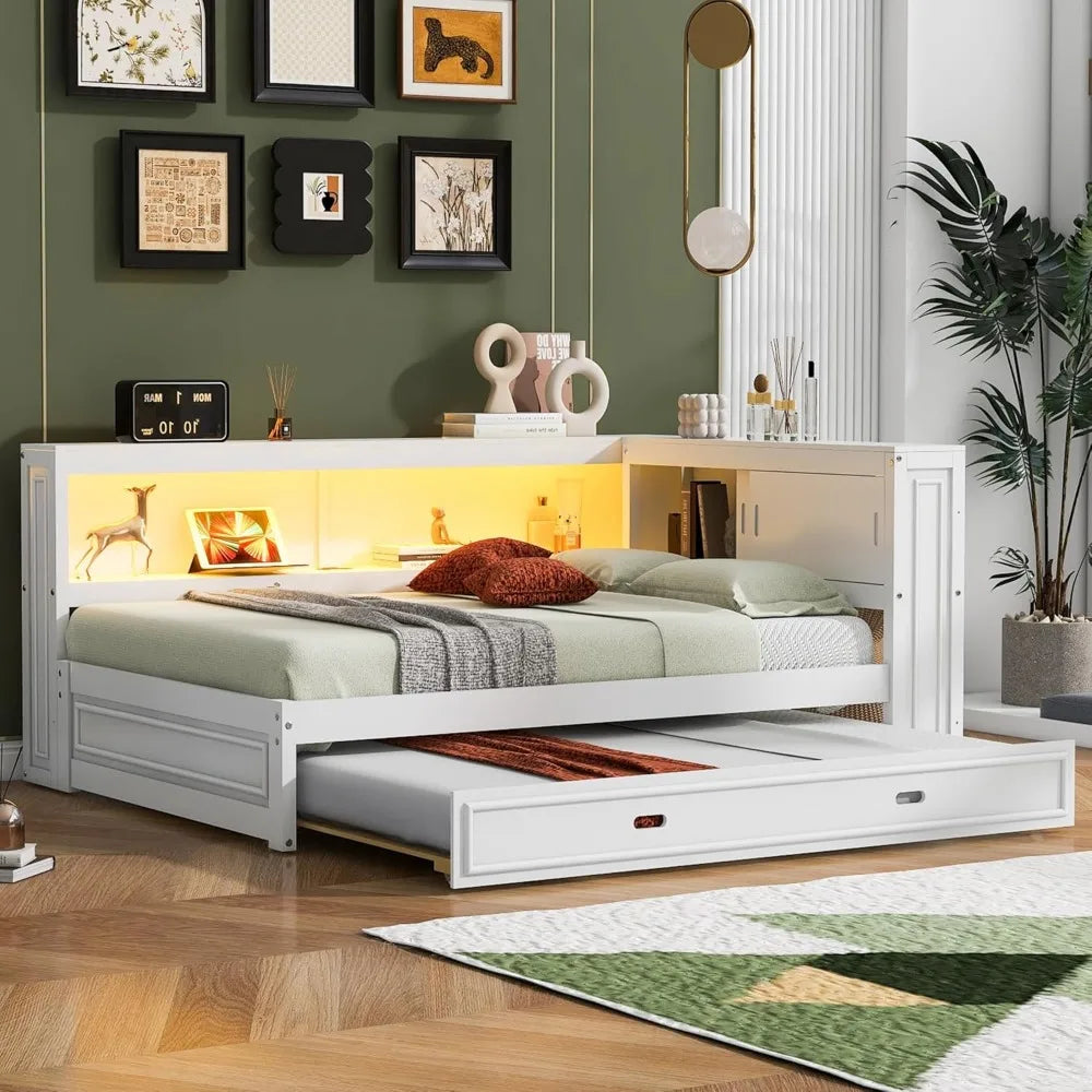 Full Size Daybed with Trundle and Storage Bookcase with LED Lights & USB Ports