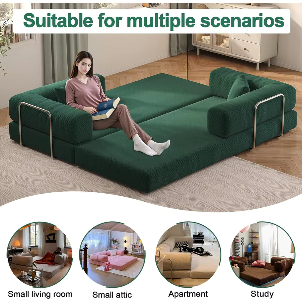 Convertible Sofa Bed with Pillows, Corduroy with Fixed-Shape Frame
