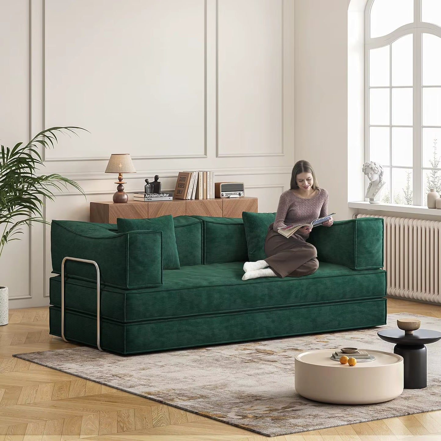 Convertible Sofa Bed with Pillows, Corduroy with Fixed-Shape Frame