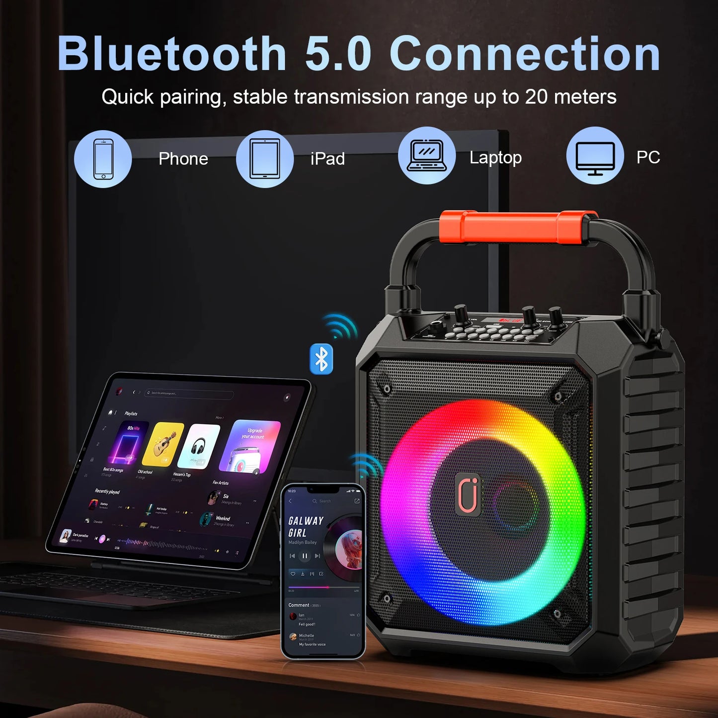 Karaoke Machine with 2 Wireless Microphones, Portable Speaker with LED Lights