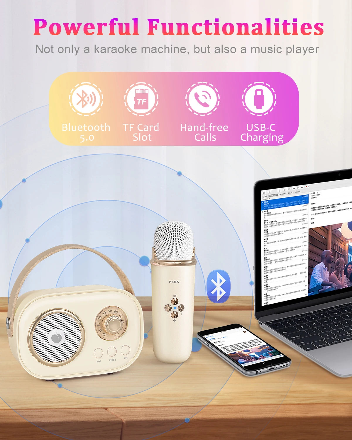 Mini Karaoke Machine Portable Bluetooth Speaker with 2 Wireless Microphones