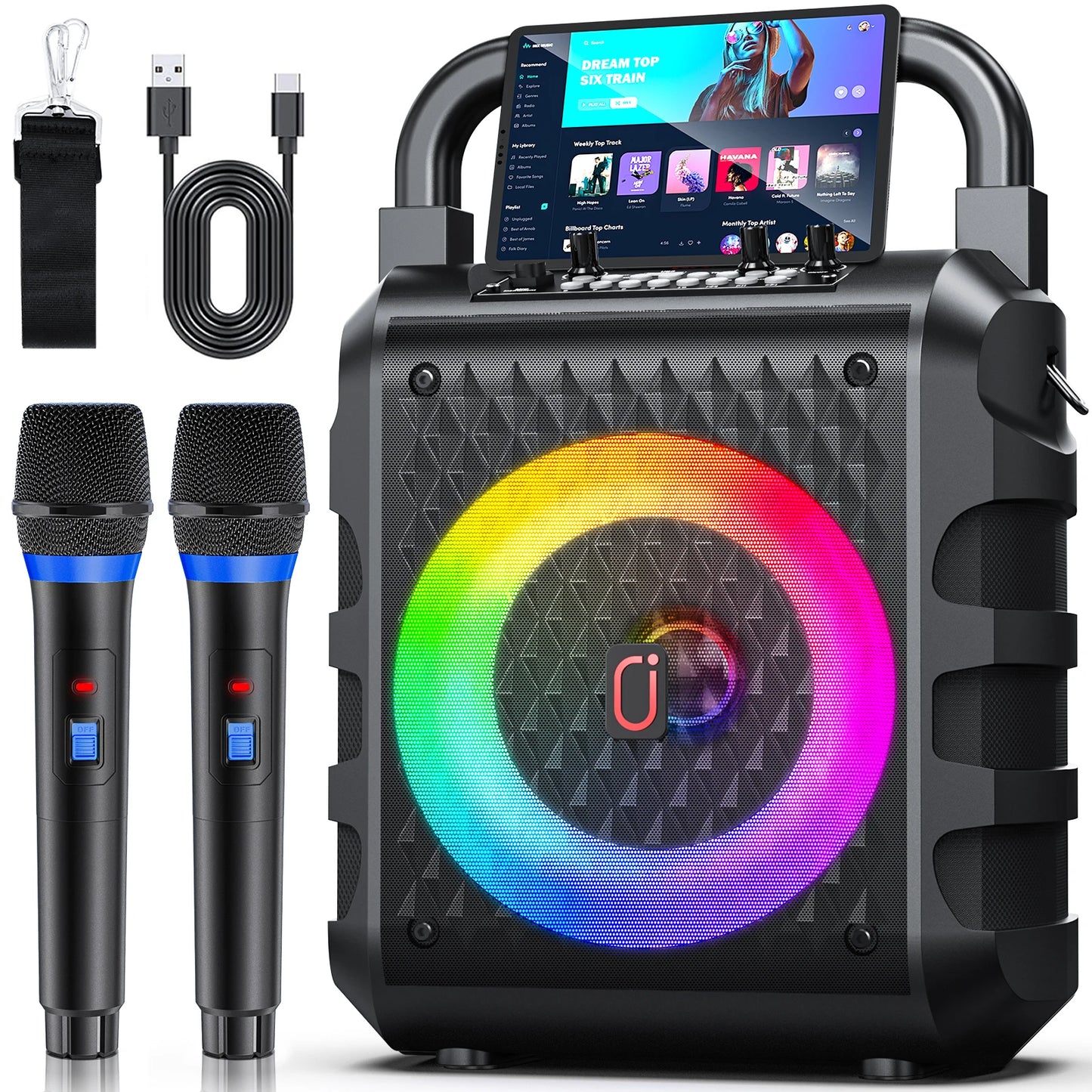 Portable Bluetooth Speaker with Microphone and LED Light, Karaoke Speaker Machine