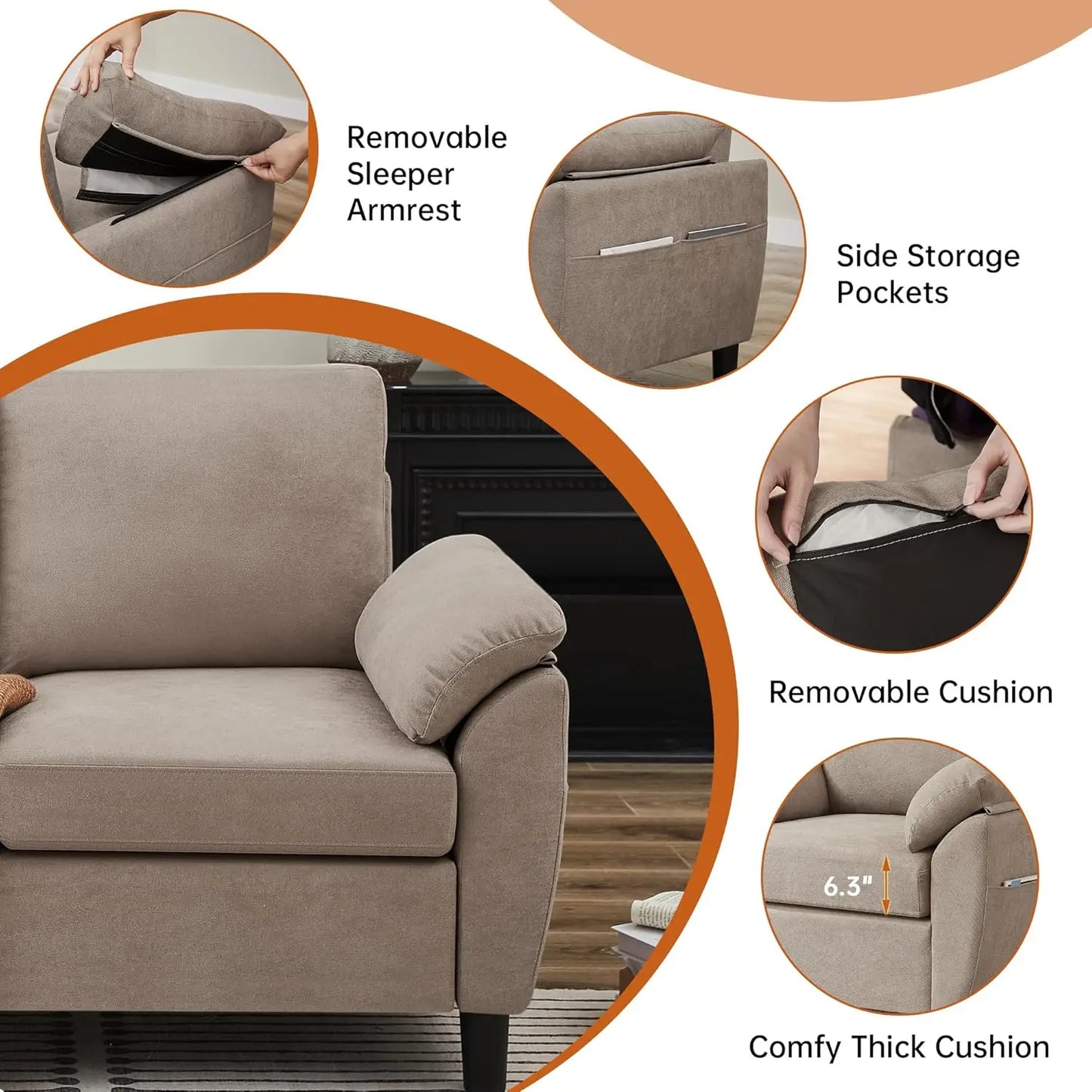 2pc Linen Sectional Loveseat & Chair Set, Upholstered Beige, Customized