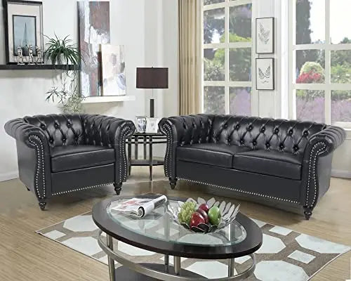 2pc Modern Tufted Sofa Set With Button & Nailhead Trim