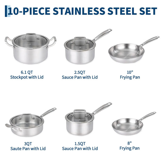 10-Piece Tri-Ply Stainless Steel Cookware Set Heavy Duty, Oven Safe