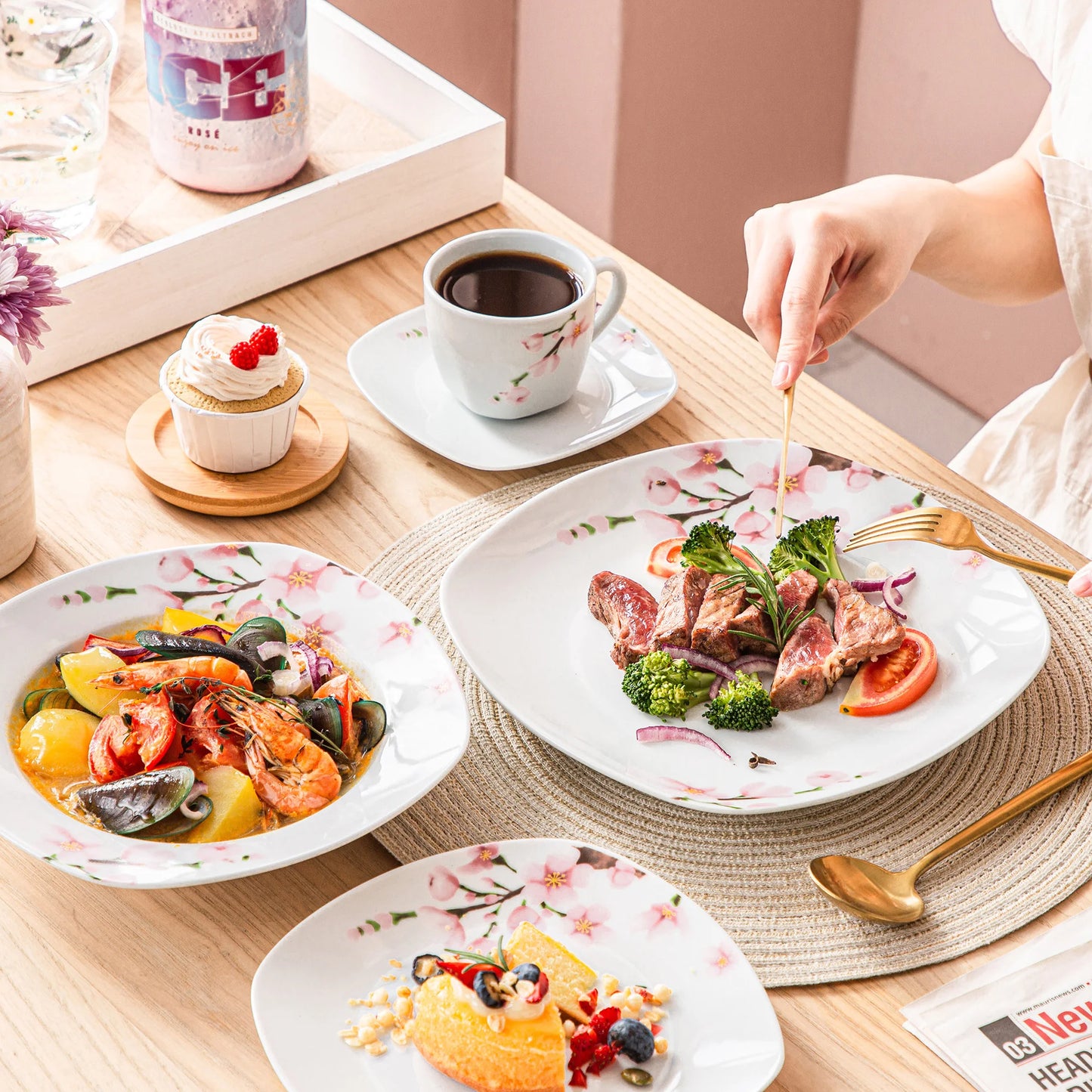 60-Piece White Ceramic Pink Floral Porcelain Plate Set for 12