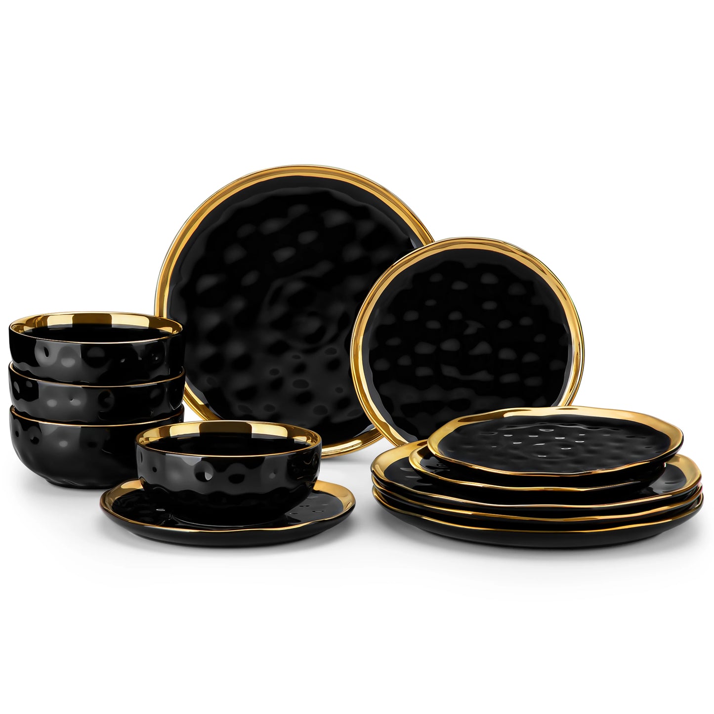 12/24 Piece Ceramic Porcelain White and Golden Rim Dinnerware Sets