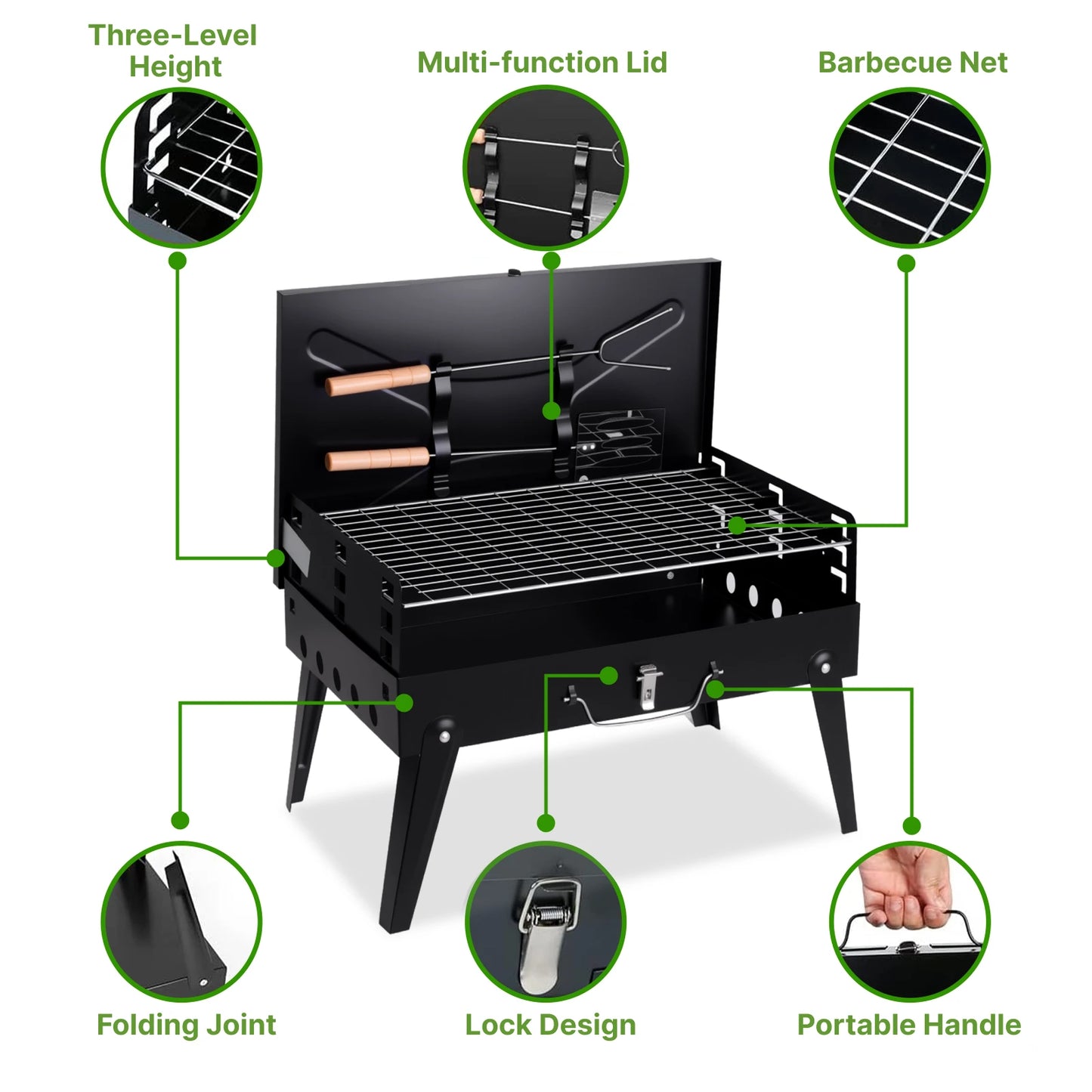 Portable Charcoal Grill, Foldable with Adjustable Heights, Easy to Clean