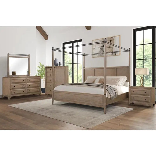 Queen Canopy Bed Set with Nightstand, Dresser with Poster Mirror