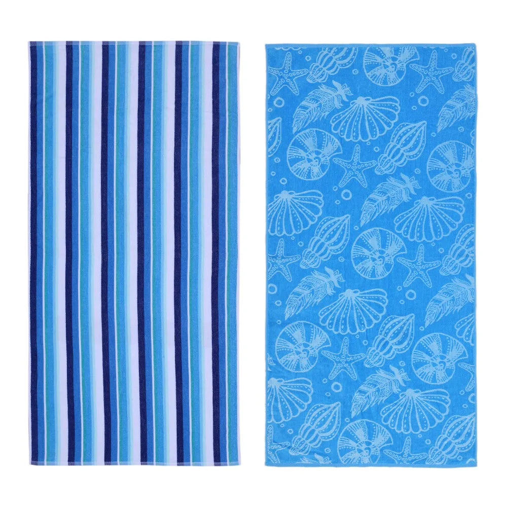 2Pcs Large Cotton Beach Towel Set Blue Seashells Striped Pattern