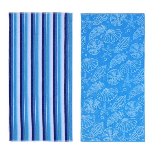 2Pcs Large Cotton Beach Towel Set Blue Seashells Striped Pattern