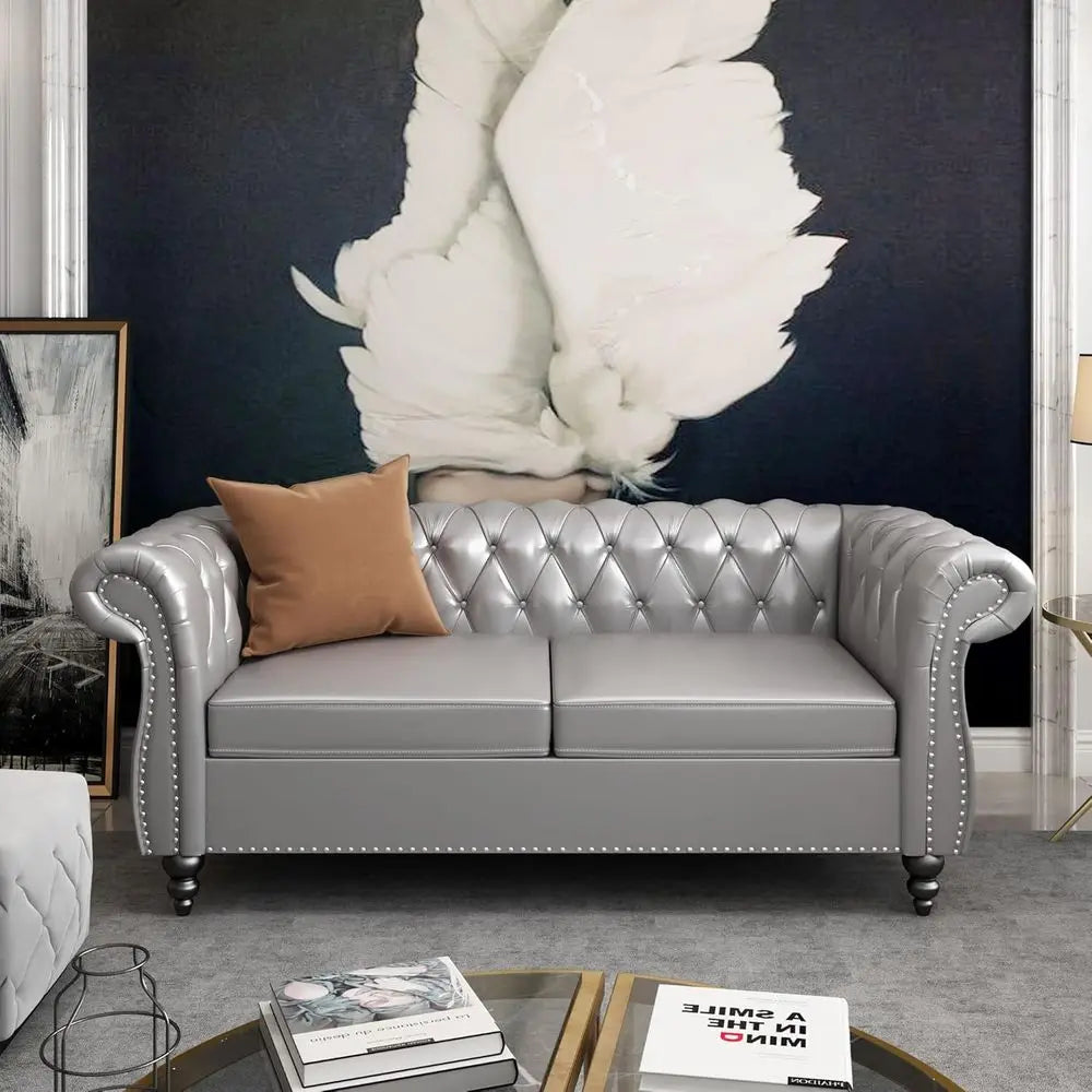 2-Piece Set: Chesterfield Leather Sofa with Scroll Arms and Nailhead Trim