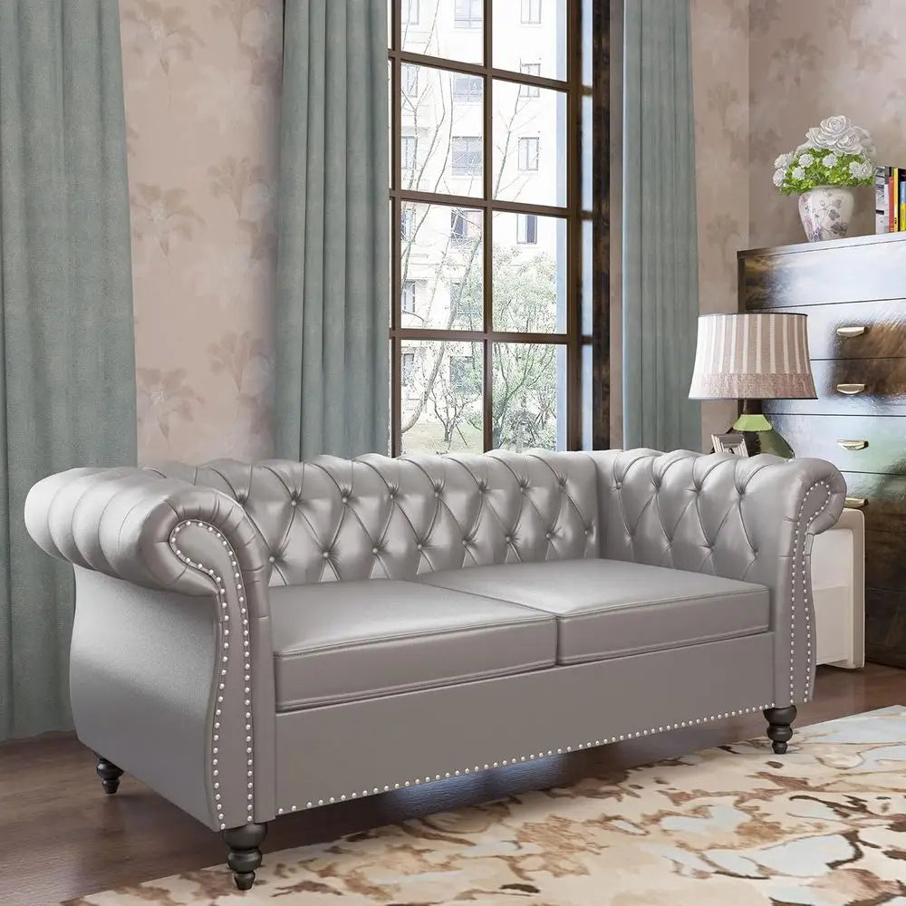 2-Piece Set: Chesterfield Leather Sofa with Scroll Arms and Nailhead Trim