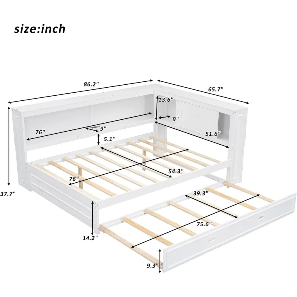 Full Size Daybed with Trundle and Storage Bookcase with LED Lights & USB Ports