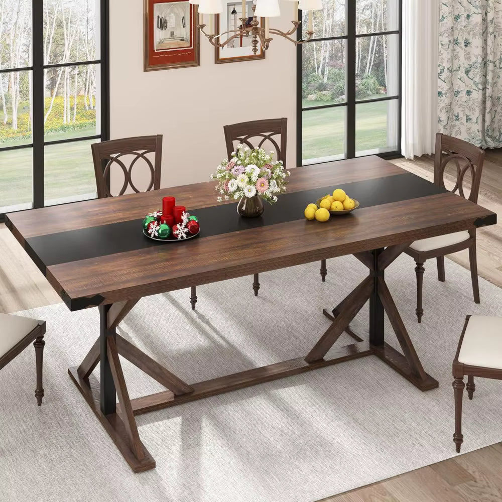 Rectangular Kitchen Farmhouse Table W/Thickness Waterproof Wood Tabletop