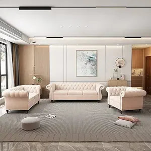 3 Piece Living Room Set- Velvet Chesterfield Sofa Loveseat  Chair