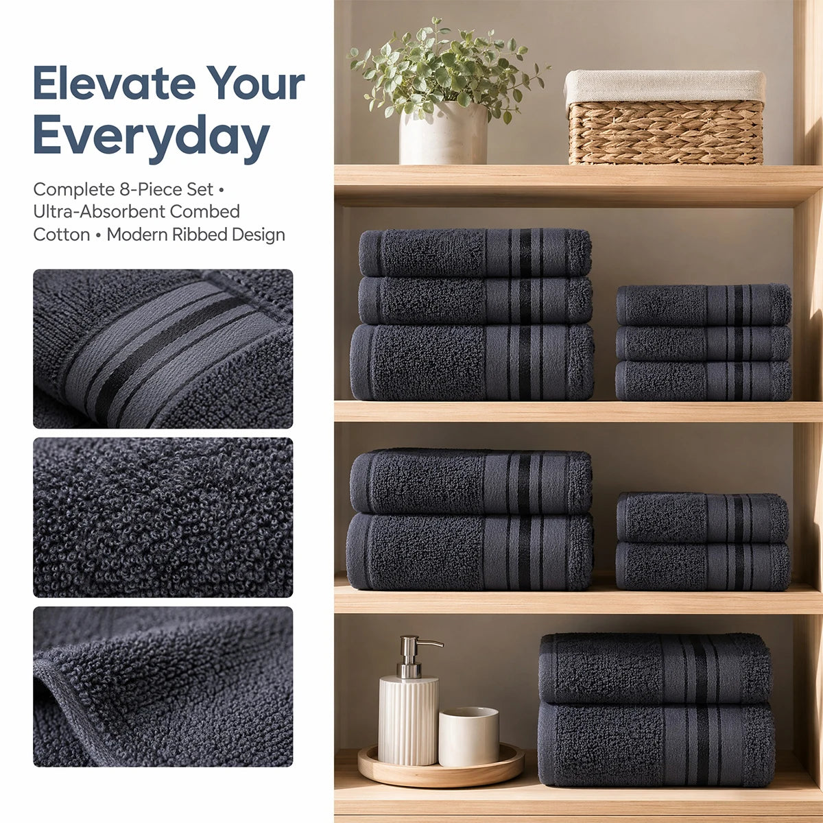 8 Piece Luxury Towel Set –  Plush, Super Absorbent   100%  Cotton